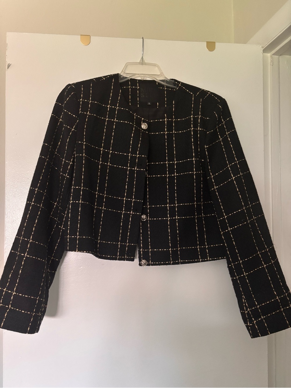 Cropped Black Windowpane Tweed Jacket with Metallic Accents